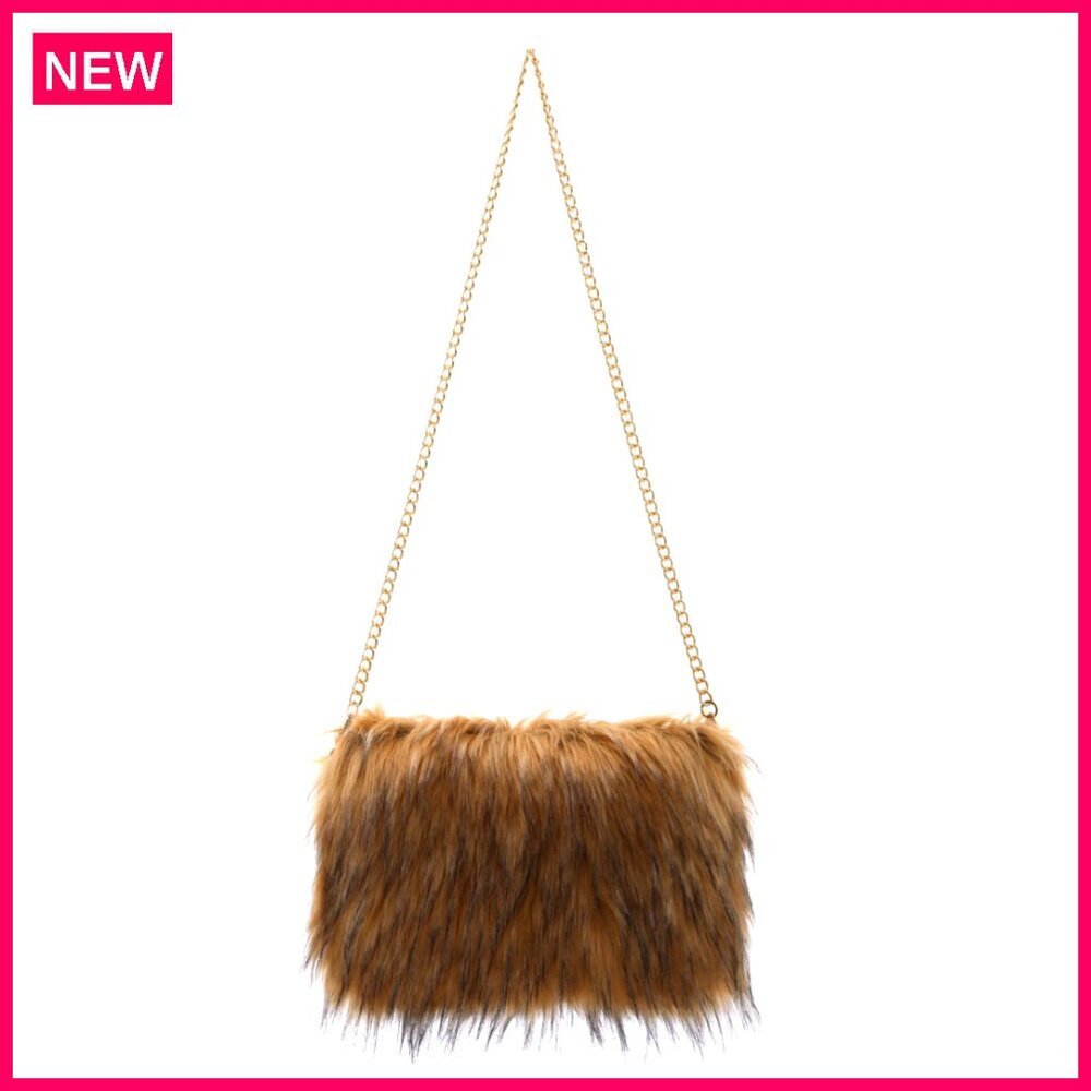 Faux Fur Evening Handbag With Chain Strap, Soft Fuzzy Crossbody Shoulder Bag